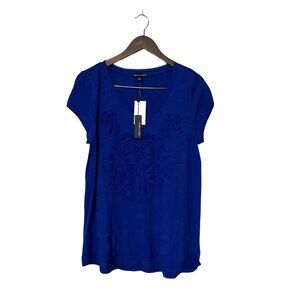 Cable & Gauge Womens Bright Blue Cotton Short Sleeve Embroidered Top Size L